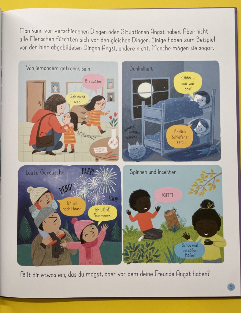 Abgebildet sind vier Situationen, in denen Kinder unterschiedlich auf Situationen reagieren: beim Verabschieden im Kindergarten, in der Dunkelheit, laute Geräusche oder Spinnen. 